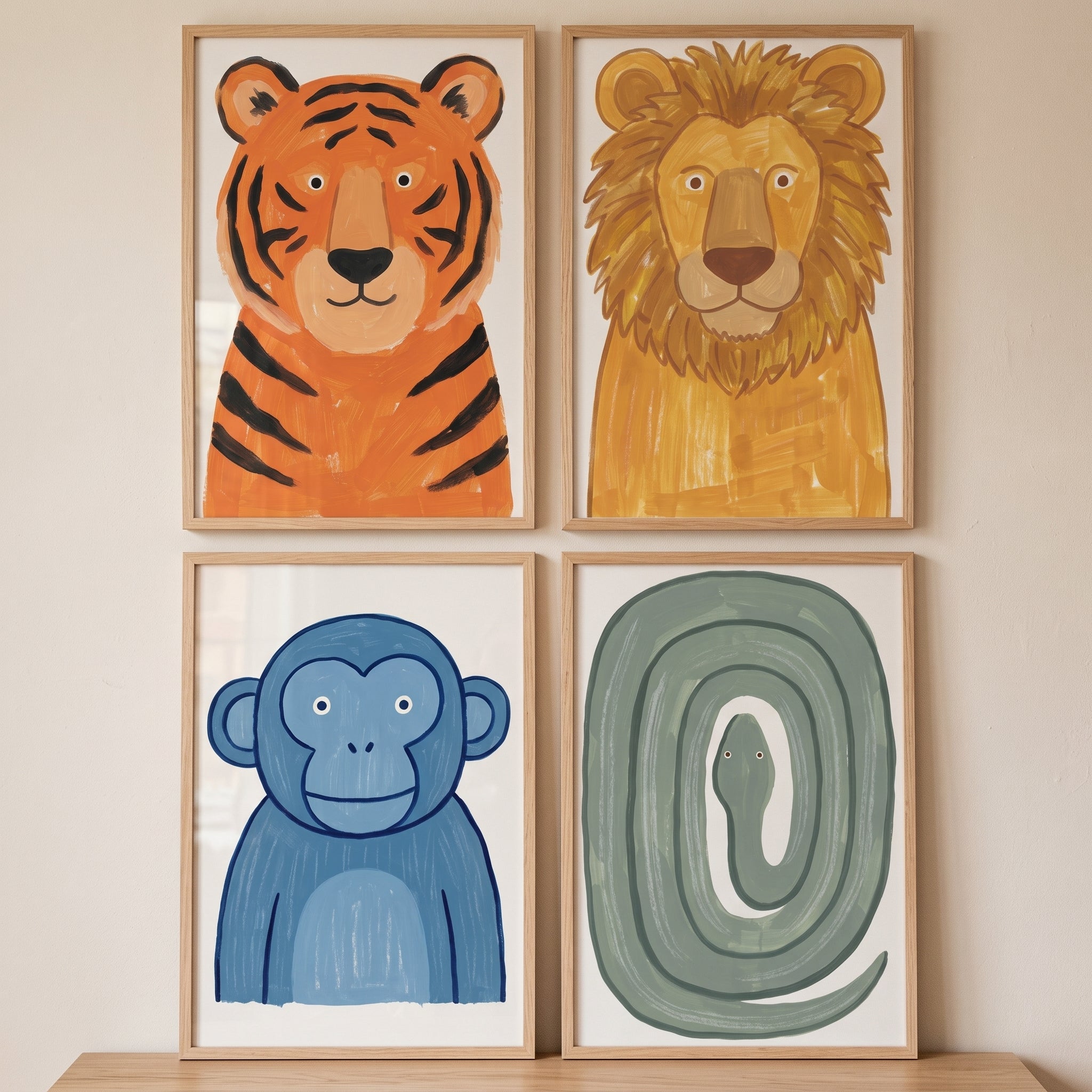 Textured Safari Animals Wall Art Set Of 4 - Friendly Jungle Pals