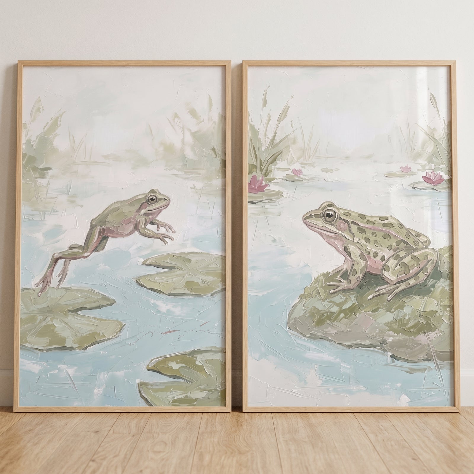 Textured sage green frog wall art set of 2 features frogs leaping and resting on lily pads in a serene pond scene.