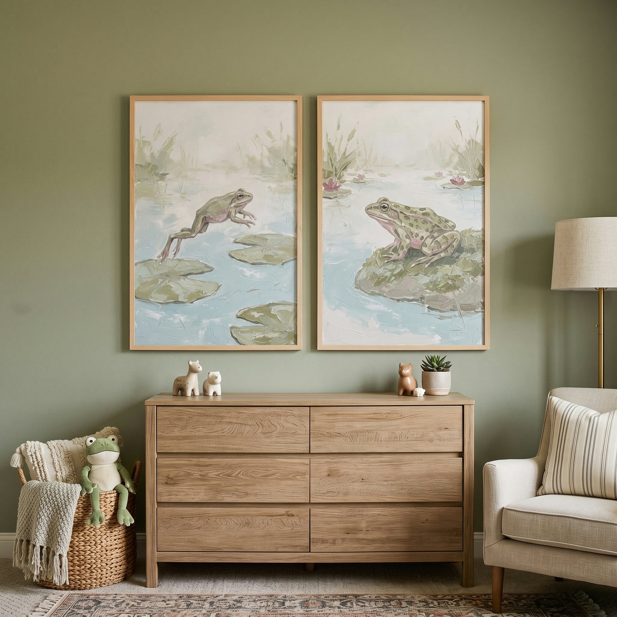 Textured Style Sage Green Frog Wall Art Set Of 2 - Marshland Serenity