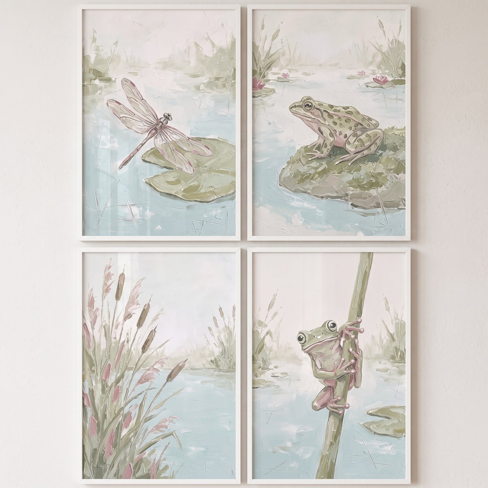 Textured sage green pond wall art set of 4 features a dragonfly, frogs, and cattails in soft, muted tones.