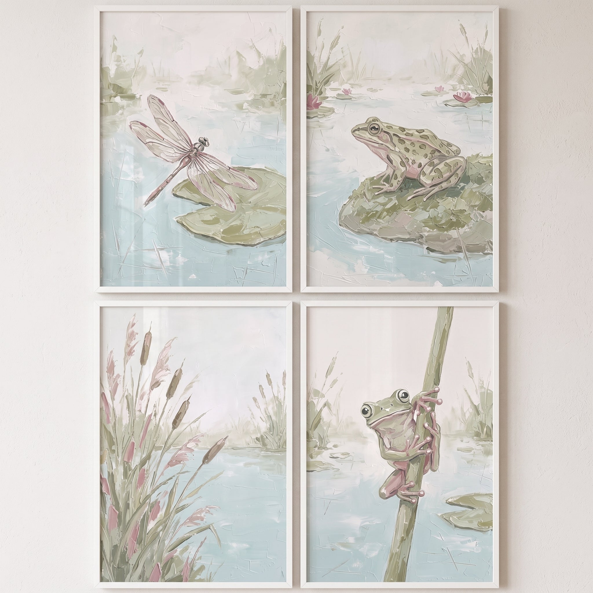 Textured Sage Green Pond Wall Art Set Of 4 - Soft Marshland Scenes