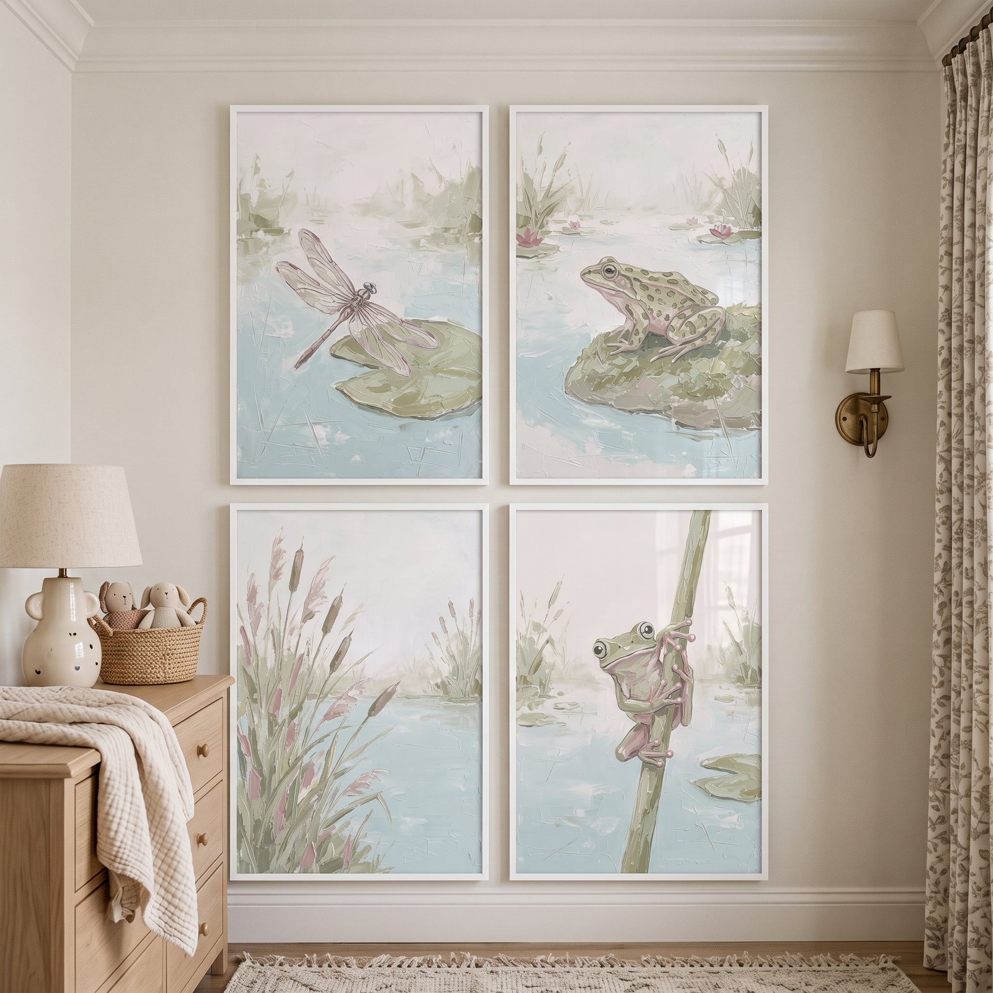Textured Sage Green Pond Wall Art Set Of 4 - Soft Marshland Scenes