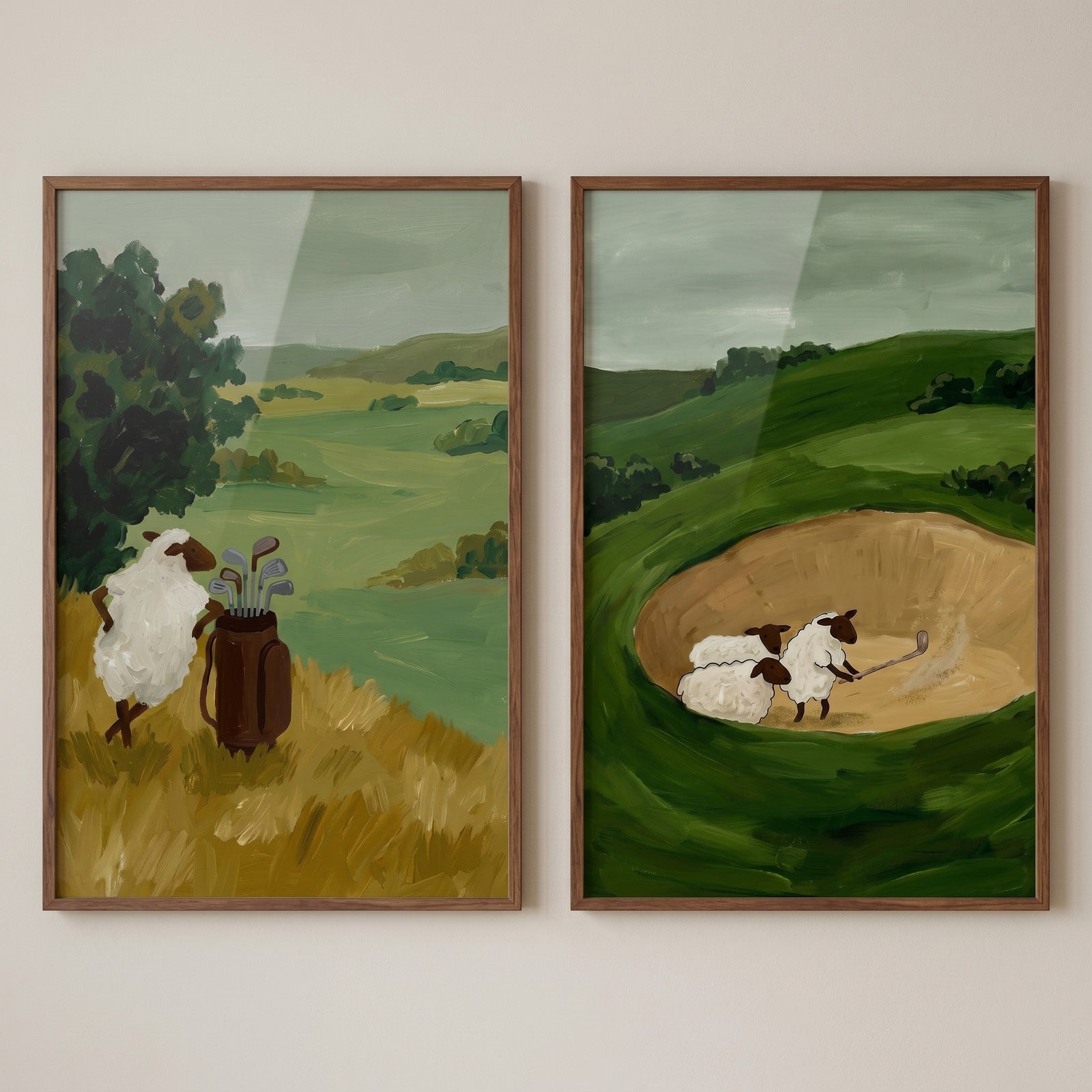Textured sage green sheep wall art set of 2 depicts sheep playing golf amidst rolling hills and a sand trap.
