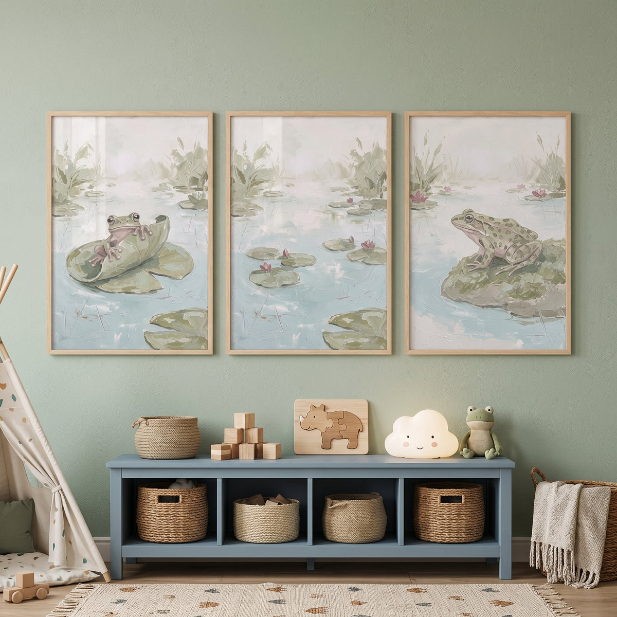 Textured Style Sage Lily Pad Pond Wall Art Set Of 3 - Serene Pond Frogs