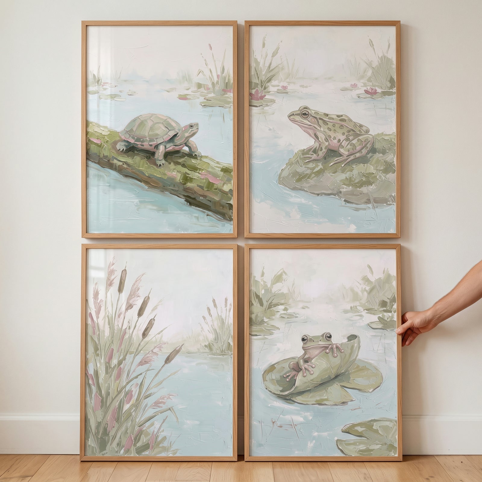 Textured sage marsh wildlife animals wall art set of 4 features a turtle, frogs, and cattails in light wood frames.