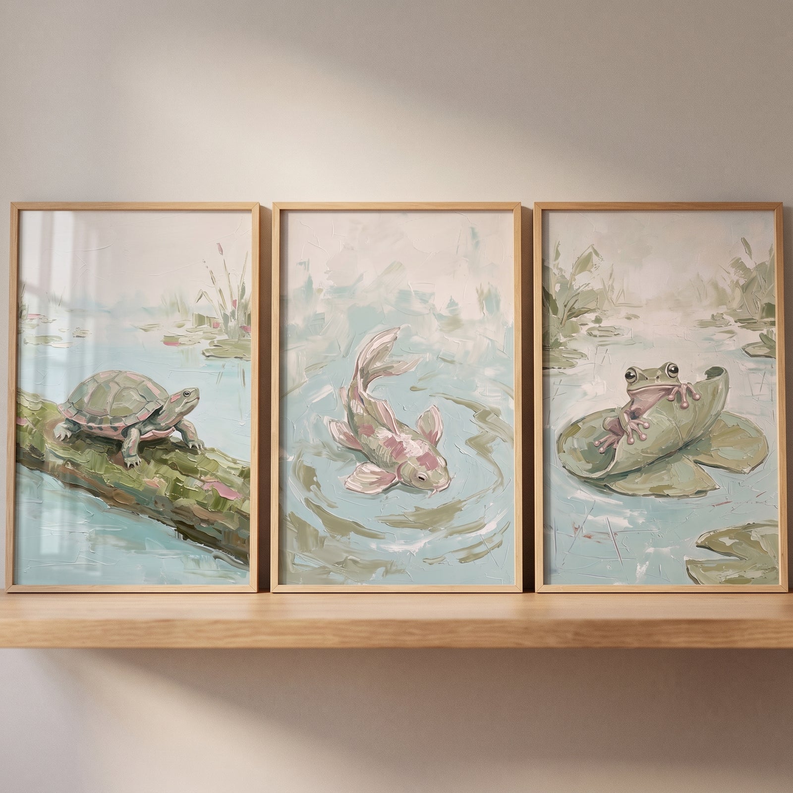Textured sage marshland animals wall art set of 3 with a turtle on a log, a koi fish, and a frog on a lily pad.