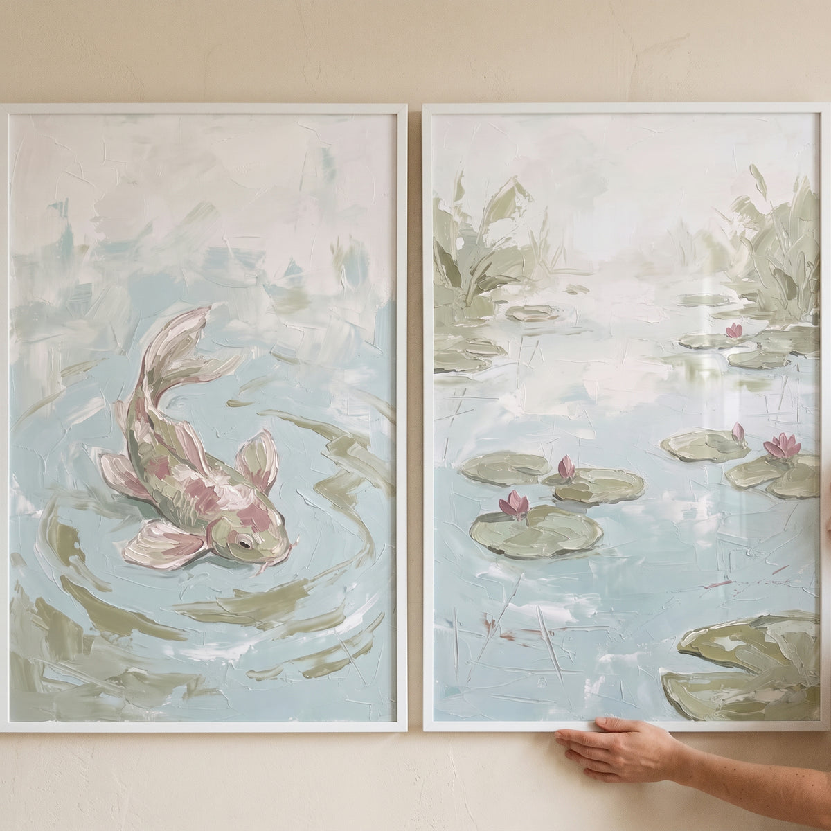 Textured sage pink pond wall art set of 2 featuring a swimming koi fish and lily pads in soft, muted colors.