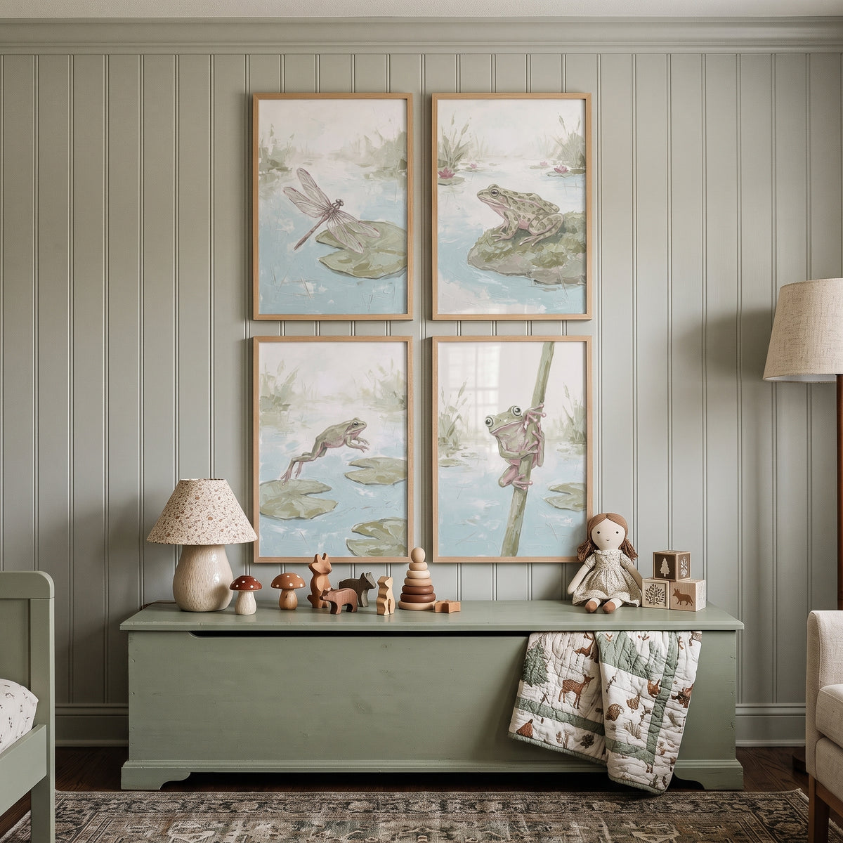 Textured Style Sage Pond Animals Wall Art Set Of 4 - Gentle Marsh Friends