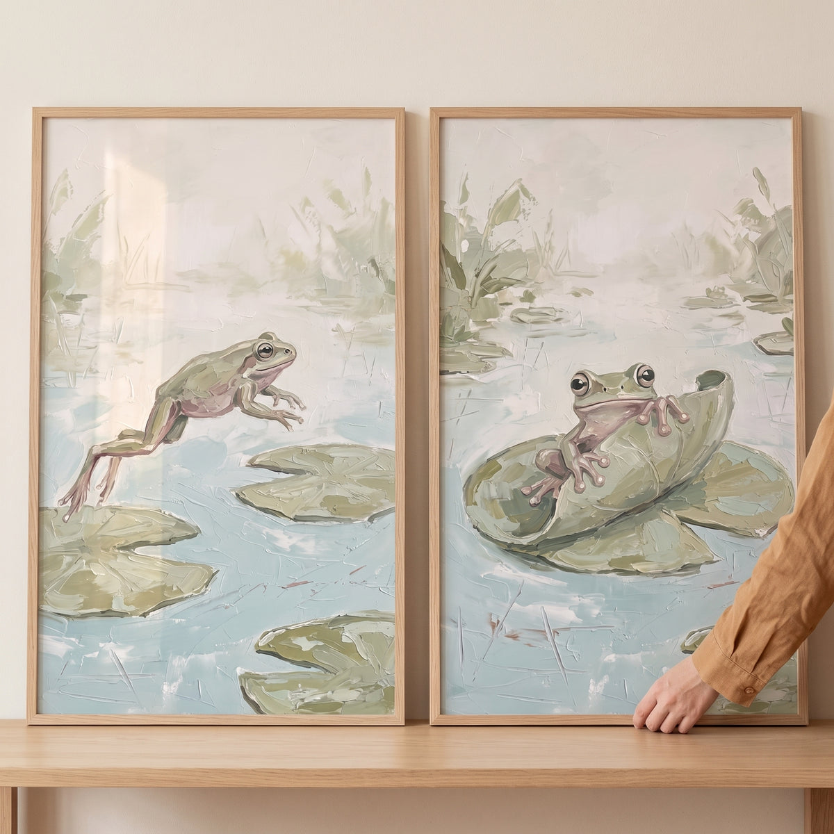 Textured Style Sage Pond Frog Animals Wall Art Set of 2 - Pondside Play