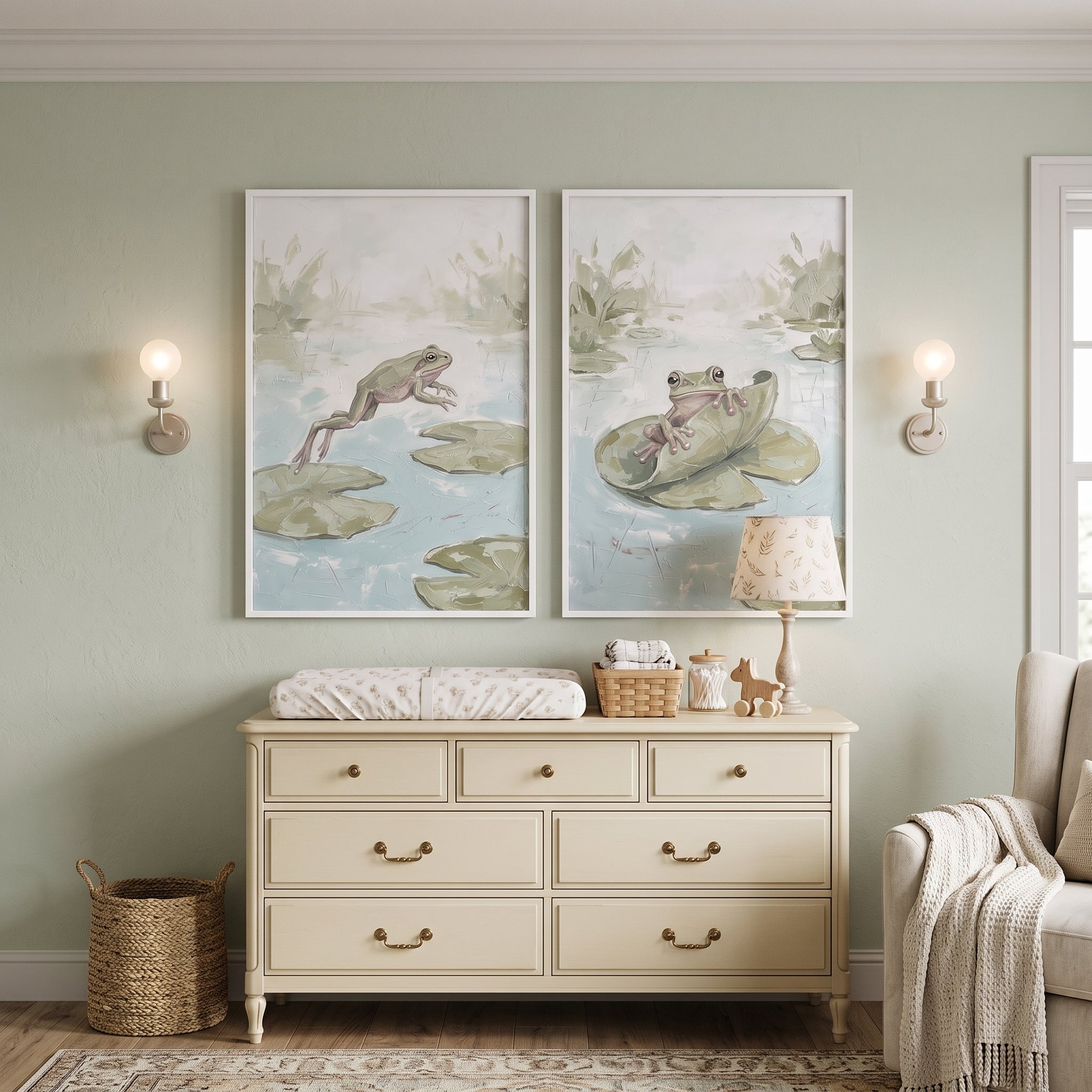 Textured Style Sage Pond Frog Animals Wall Art Set of 2 - Pondside Play