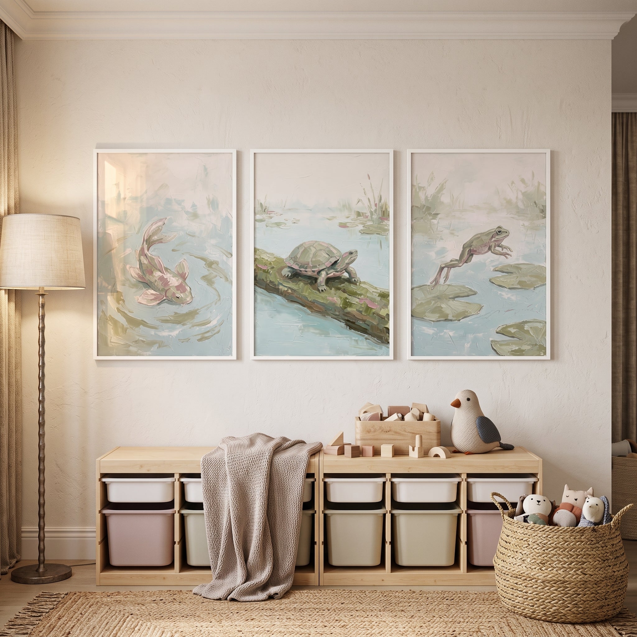 Textured Sage Wetland Animals Wall Art Set Of 3 - Soft Water Scenes