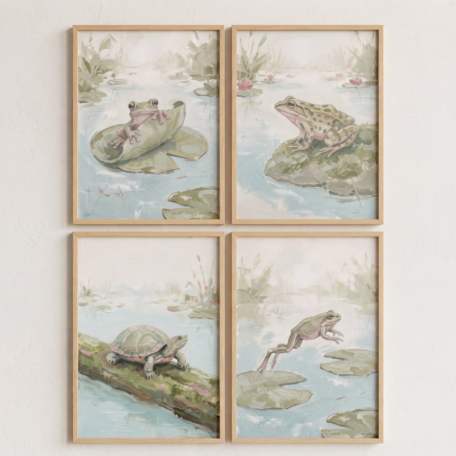 Textured sage wetland animals wall art set of 4 featuring frogs and a turtle in soft, calm pond scenes.