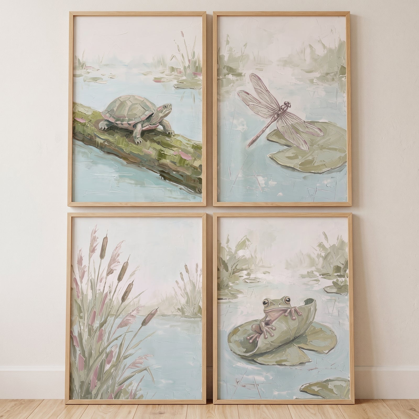 Textured sage wetland nature wall art set of 4 with a turtle on a log, dragonfly, cattails, and a frog on a lily pad.