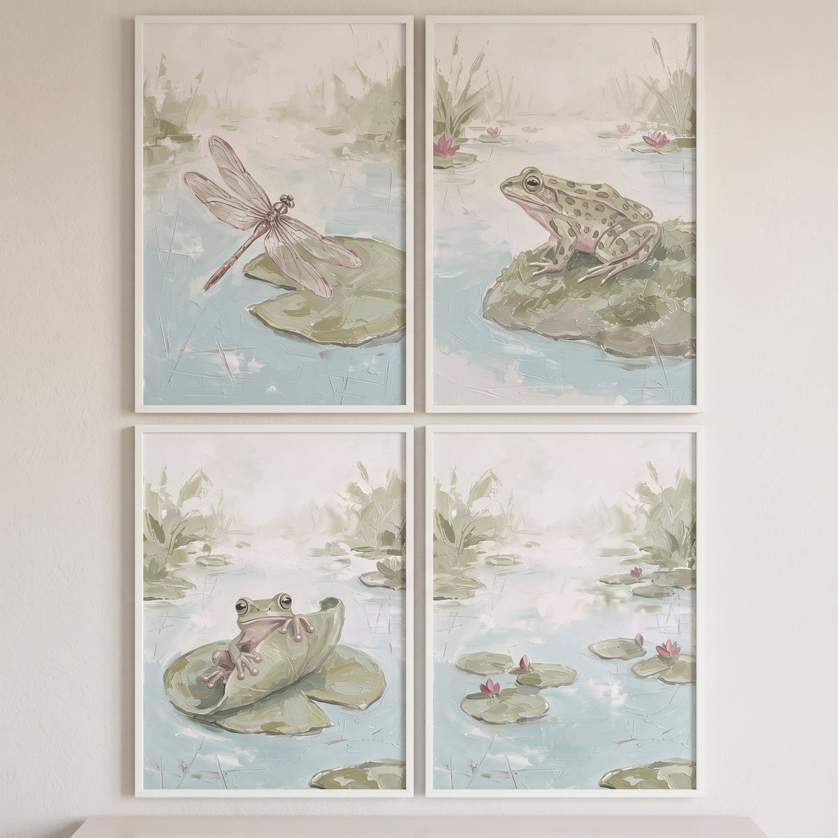Textured sage wetland pond artwork set of 4 featuring frogs and a dragonfly among lily pads in muted green and blue.