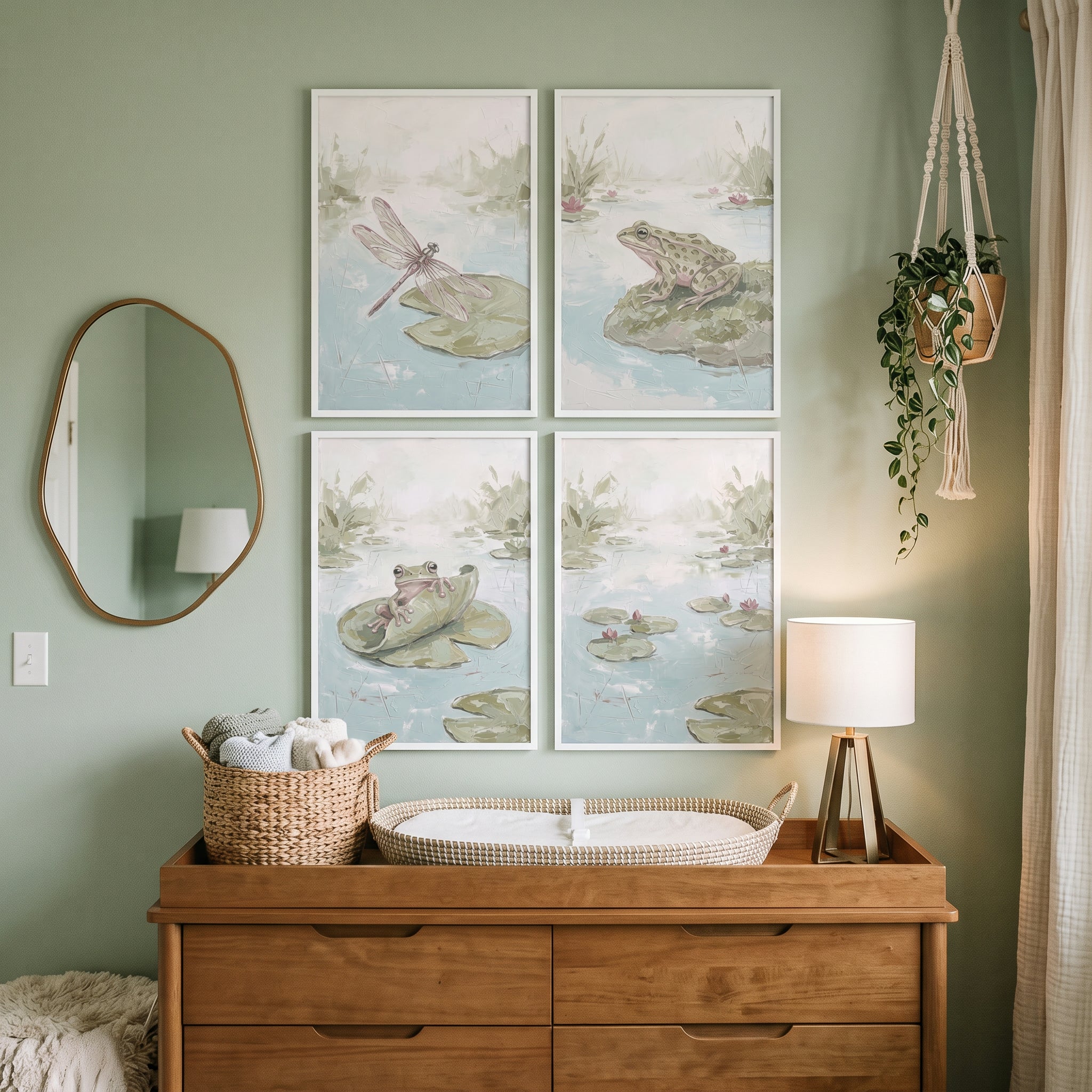 Textured Sage Wetland Pond Artwork Set of 4 - Serene Pond Life
