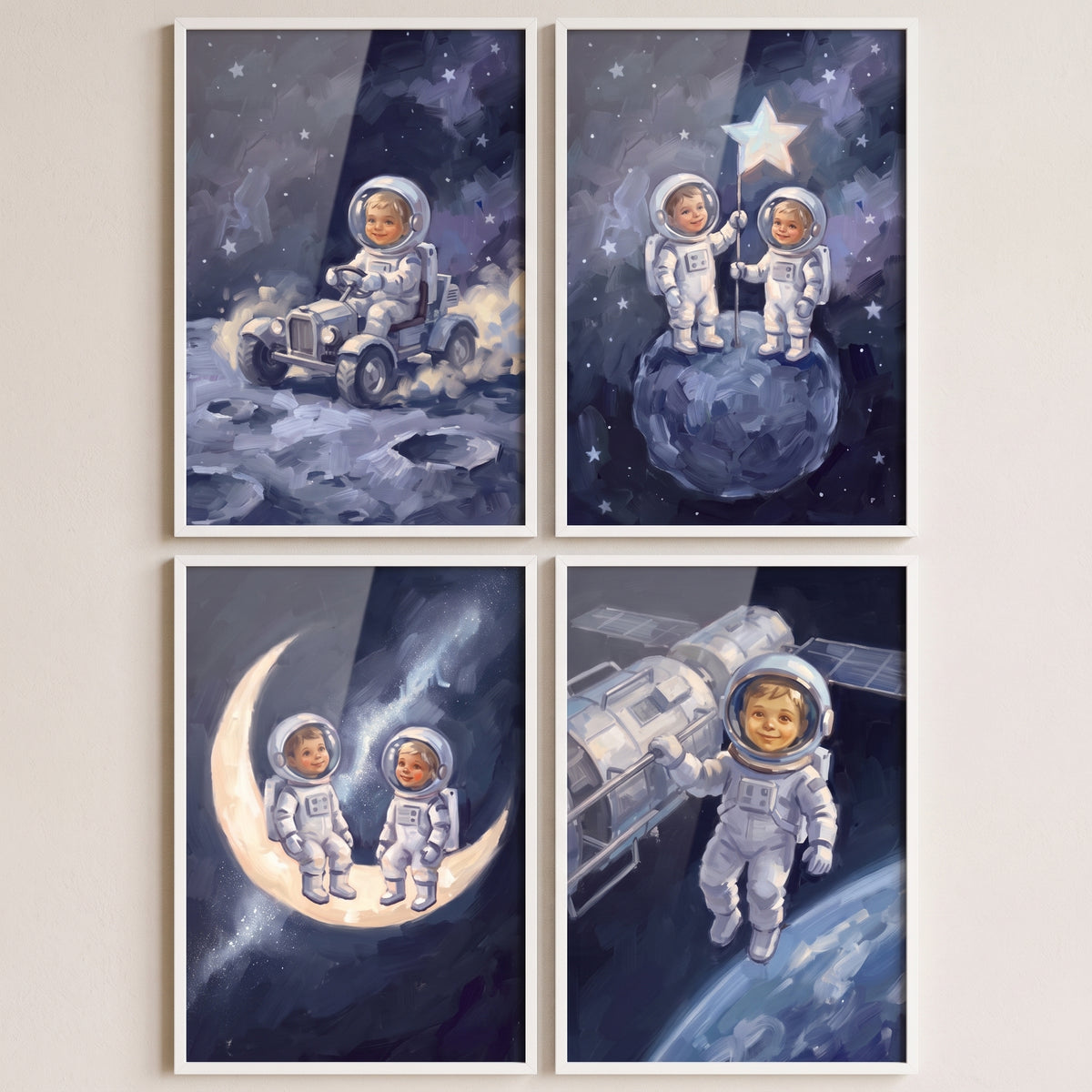 Textured sapphire baby astronaut wall art set of 4 featuring illustrations of space exploration in white frames.