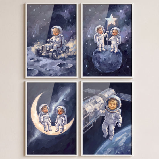 Textured sapphire baby astronaut wall art set of 4 featuring illustrations of space exploration in white frames.