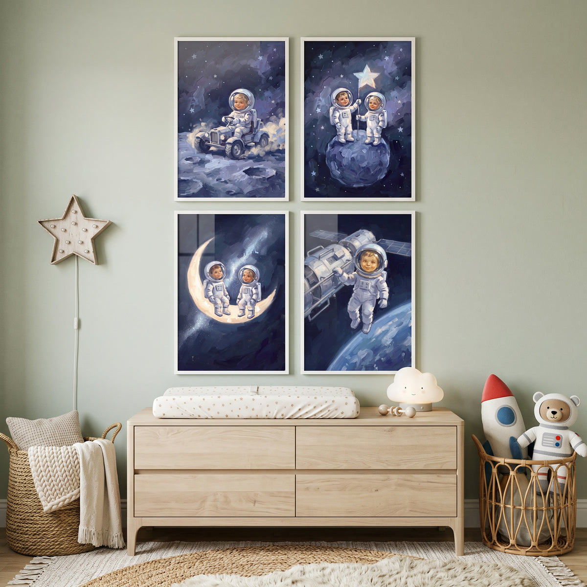 Textured Sapphire Baby Astronaut Wall Art Set of 4 - Tiny Space Voyagers