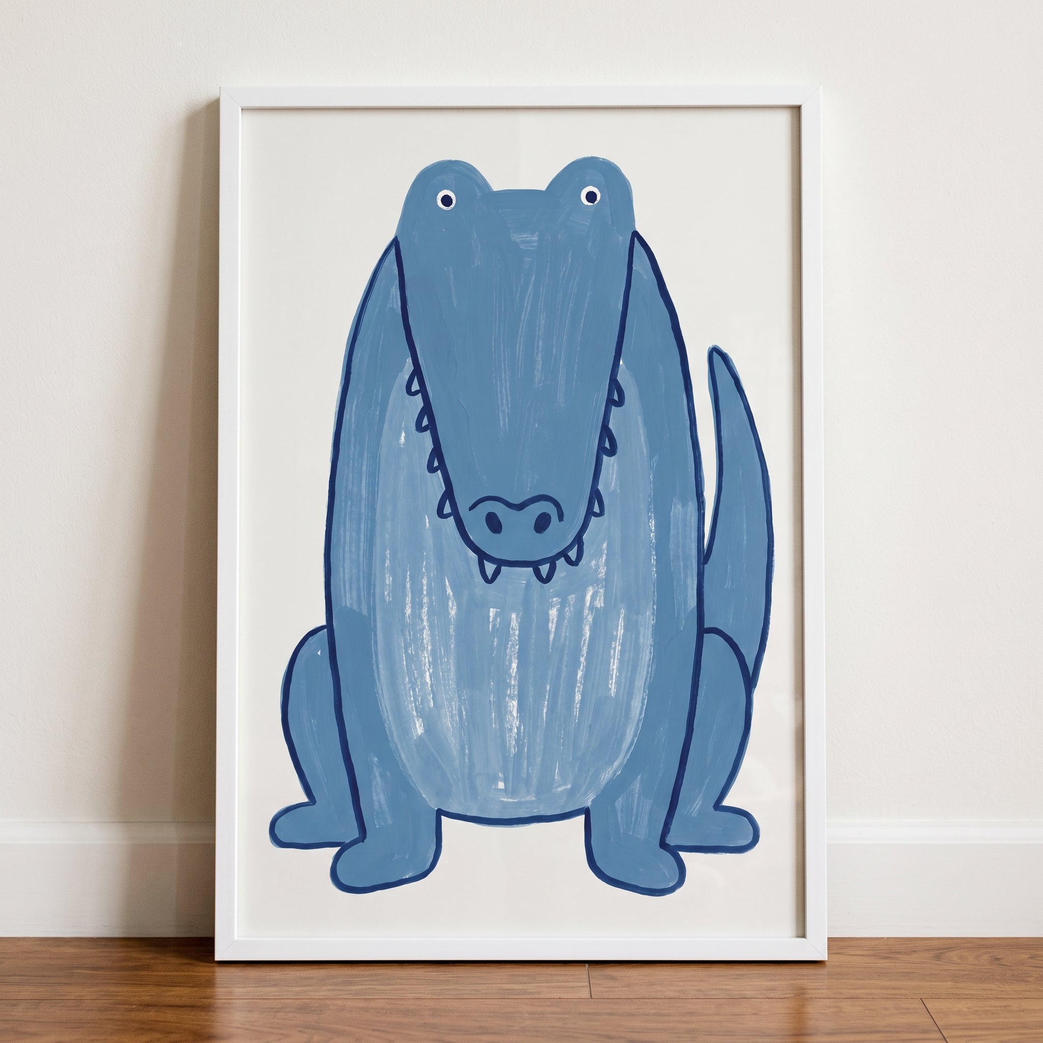 Textured Sitting Blue Crocodile Wall Art - Azure Swamp Friend