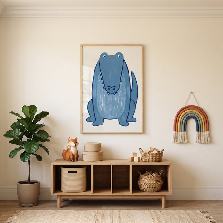 Textured sitting blue crocodile wall art above a wooden shelf with baskets, a fox, a potted plant, and a macrame rainbow.