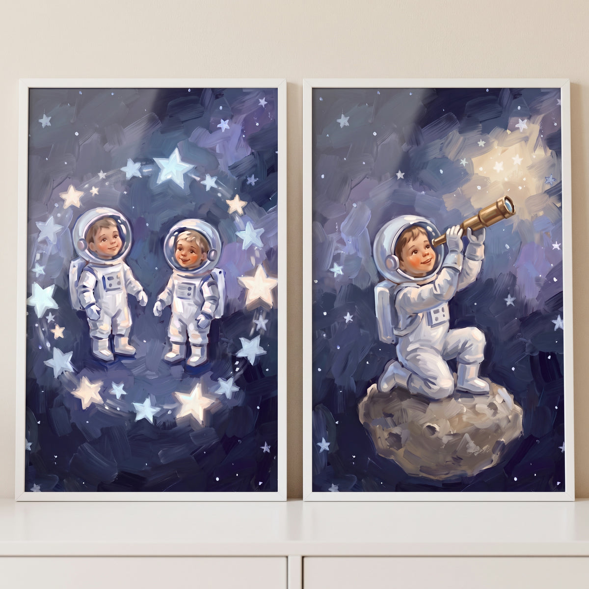 Textured sky baby astronaut print set of 2 with toddlers in space suits, glowing stars, and a telescope.