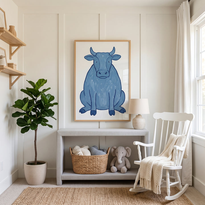 Textured slate blue cow wall art hangs in a nursery with a white rocking chair, plush elephant, and large potted plant.