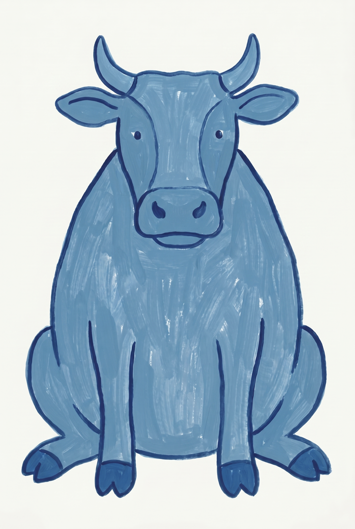 Textured slate blue cow wall art depicts a sitting bovine with visible brushstrokes on a white background.