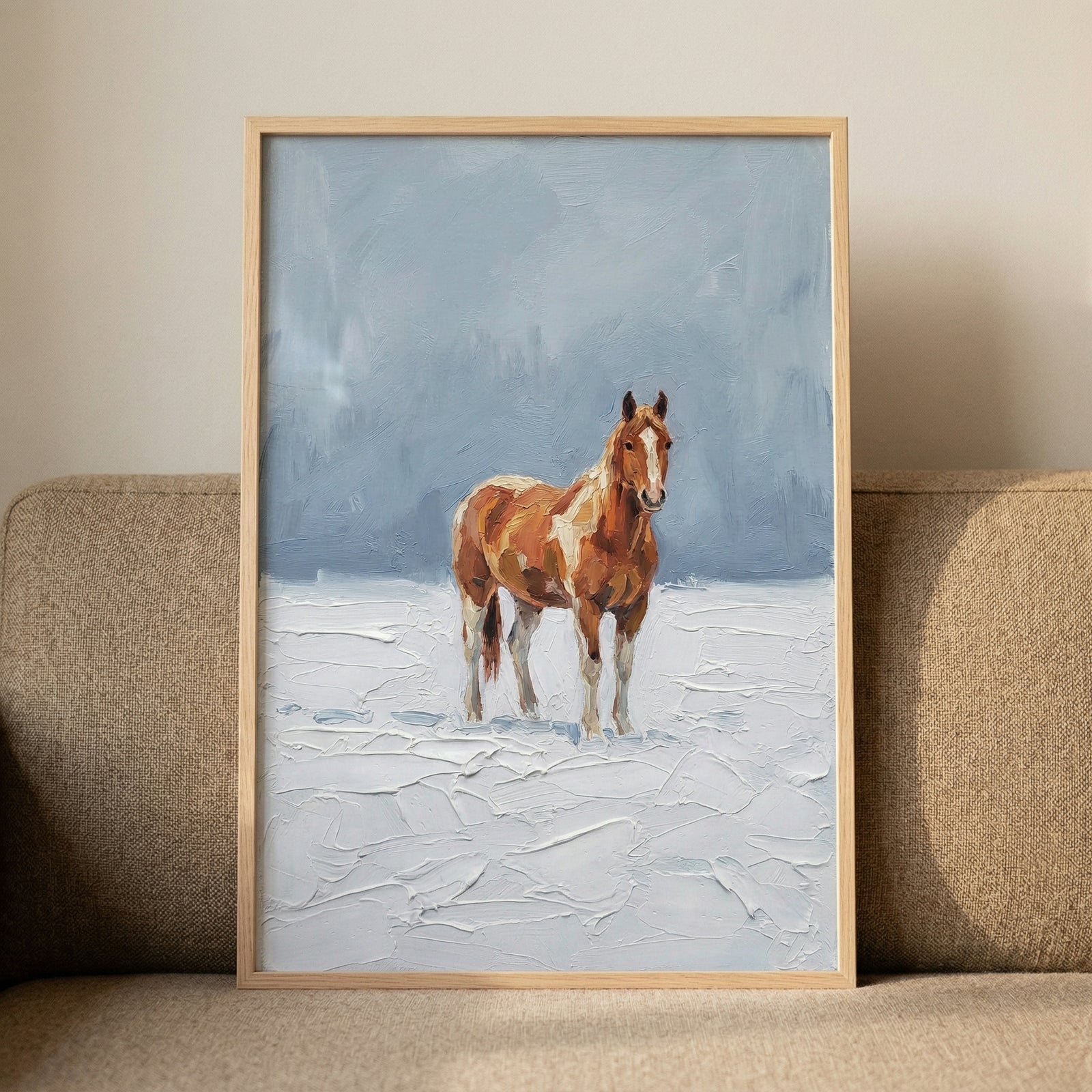 A textured depiction of a chestnut and white horse standing in a snowy landscape. The artwork features thick, visible strokes and impasto techniques, creating a sense of depth in the white, snow-covered foreground. 