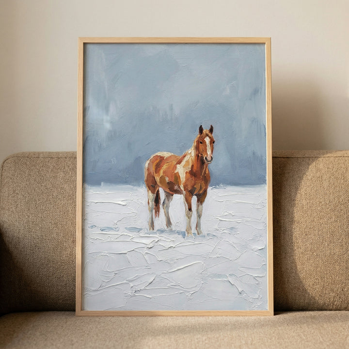 A textured depiction of a chestnut and white horse standing in a snowy landscape. The artwork features thick, visible strokes and impasto techniques, creating a sense of depth in the white, snow-covered foreground. 