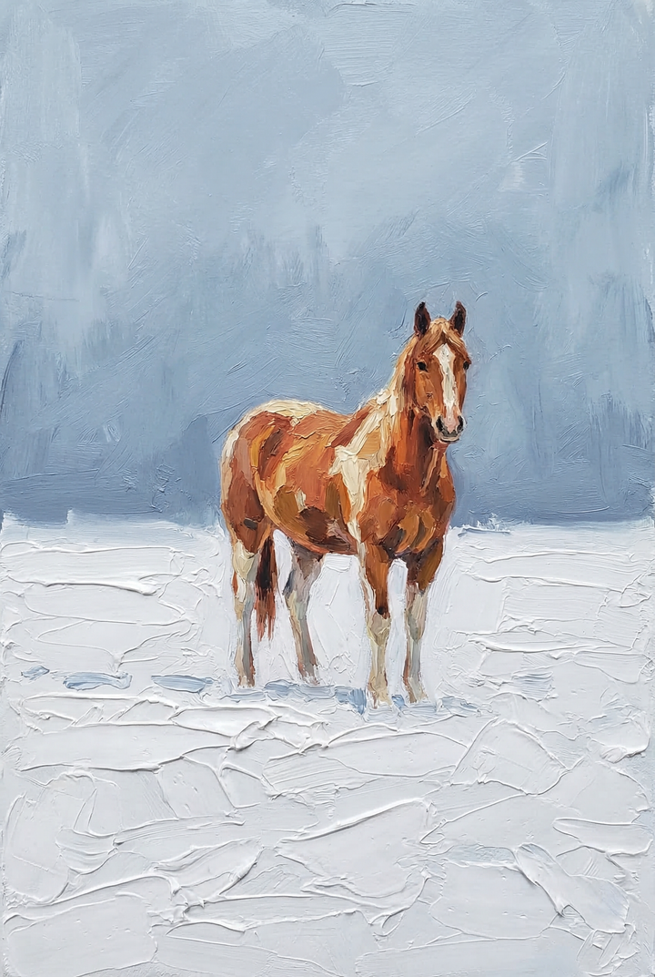 A brown and white horse stands alone in a snowy field beneath a muted blue sky. Thick white and blue brushstrokes create a quiet winter atmosphere around the horse.
