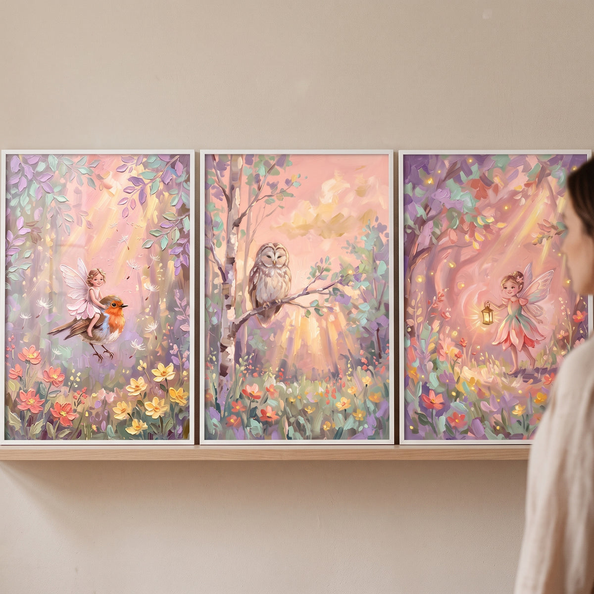 Textured Sunbeam Forest Wall Art Set of 3 - Enchanted Pixie Meadow