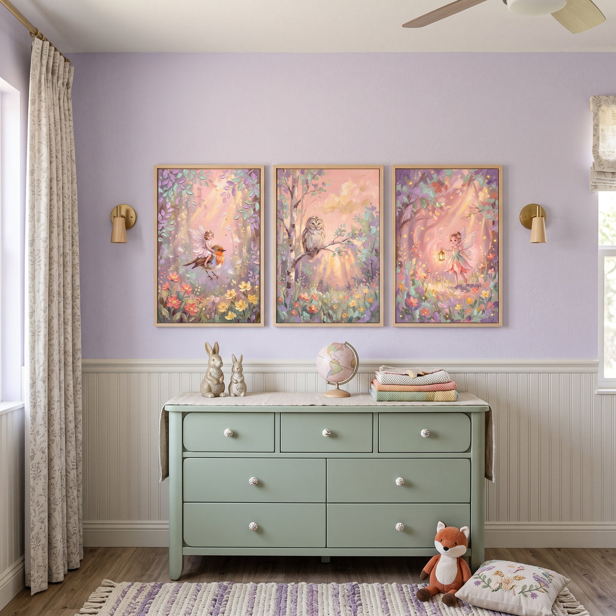 Textured Sunbeam Forest Wall Art Set of 3 - Enchanted Pixie Meadow