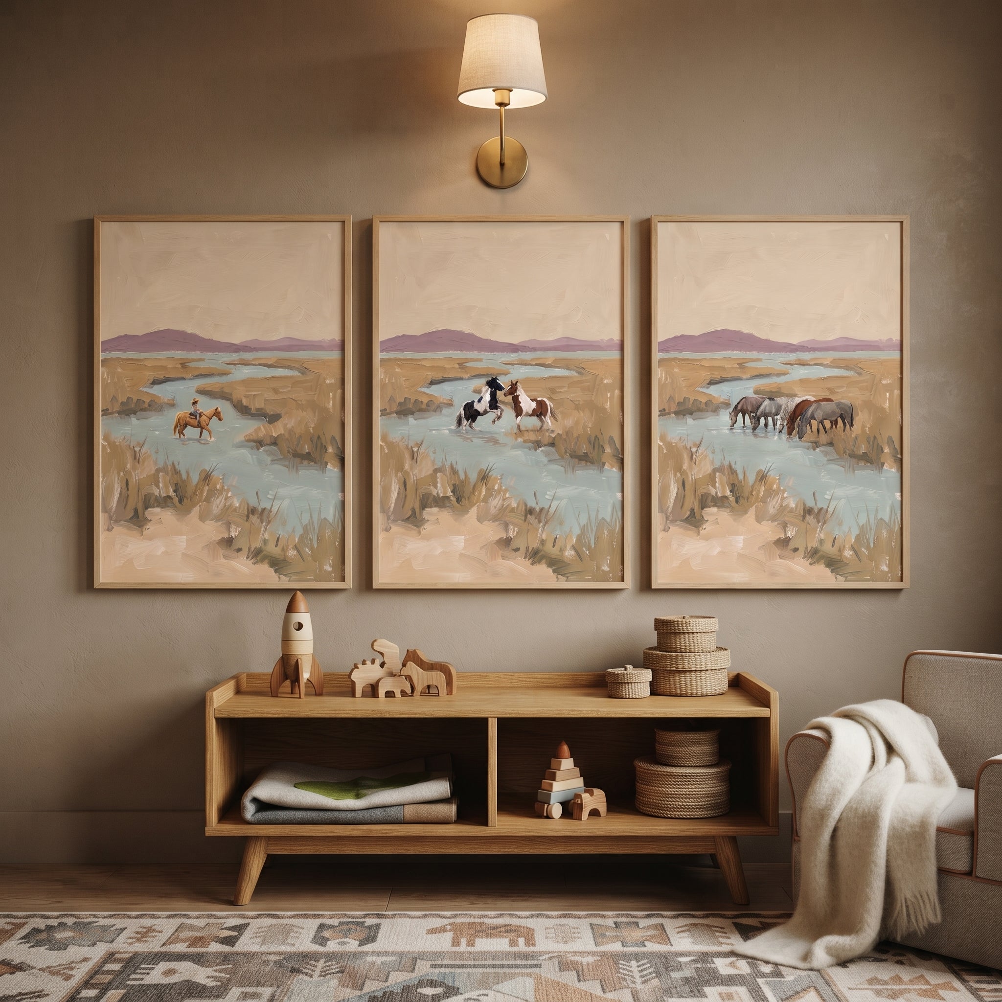 Textured Tan Marshland Horses Wall Art Set of 3 - Wild Stream Horses