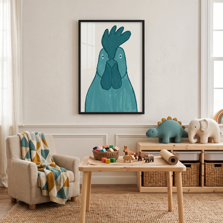 Textured teal rooster wall art hangs in a playroom above a wooden table, toys, and an armchair with a patterned throw.