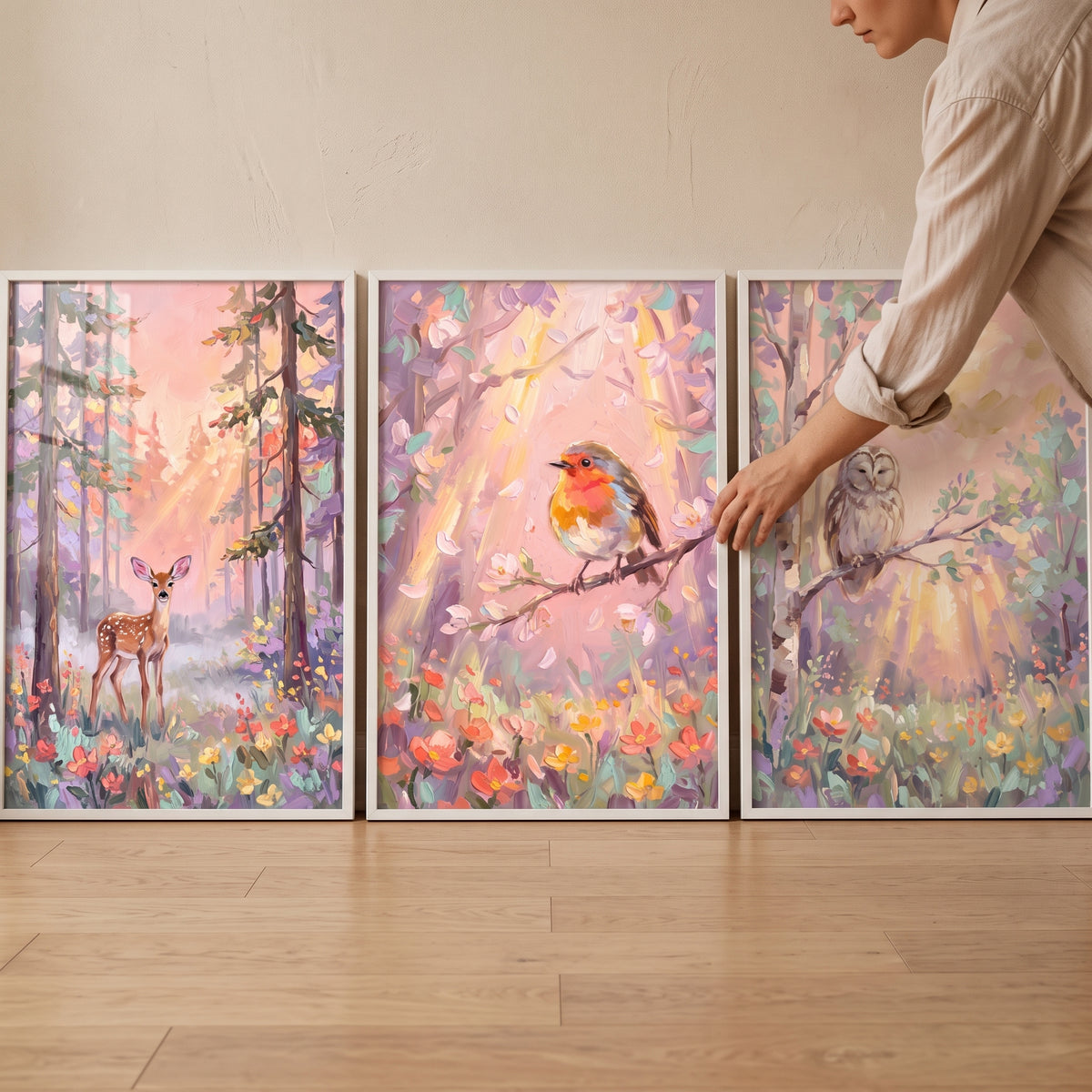 A person displays a textured wildflower woodland animals wall art set of 3 featuring a deer, robin, and owl.