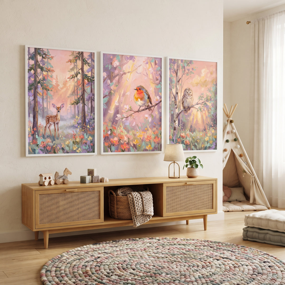 Textured Wildflower Woodland Animals Wall Art Set of 3 - Dreamy Meadow Moments