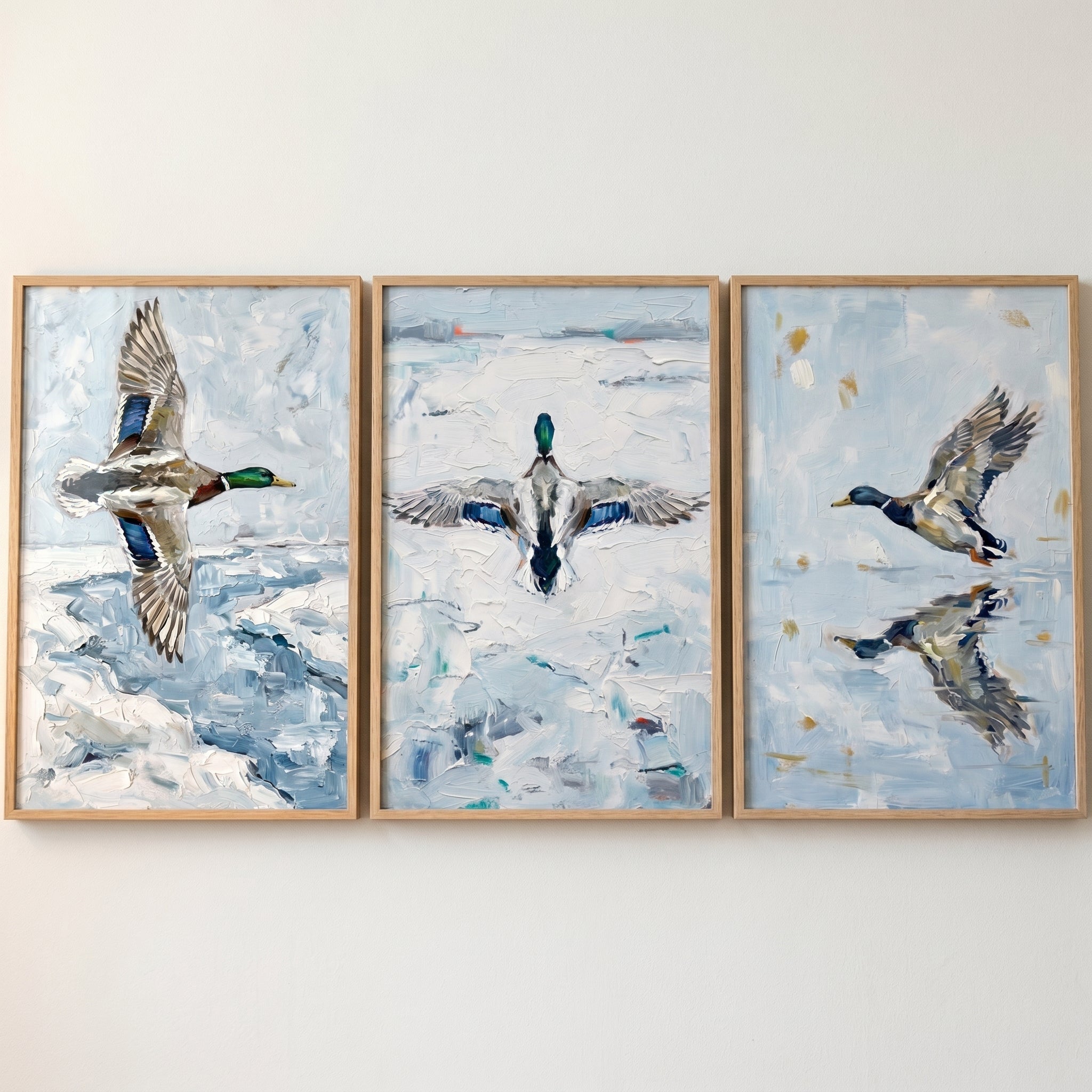 Textured Winter Sky Mallard Wall Art Set of 3 - Mallards In Flight