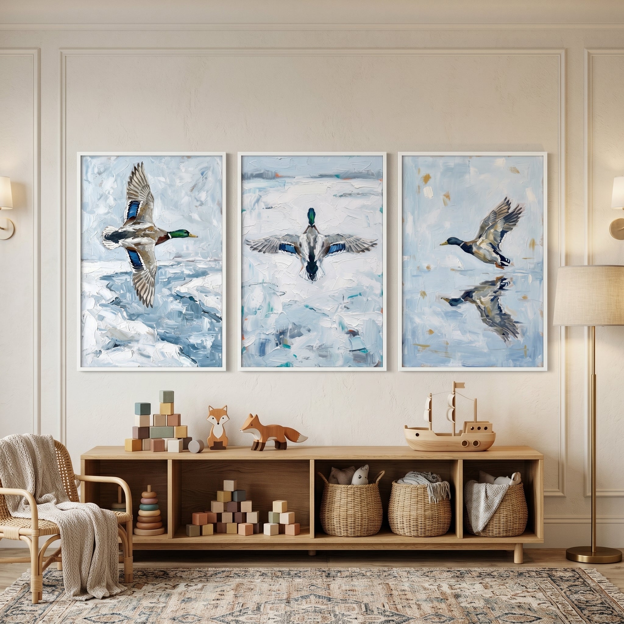 Textured Winter Sky Mallard Wall Art Set of 3 - Mallards In Flight