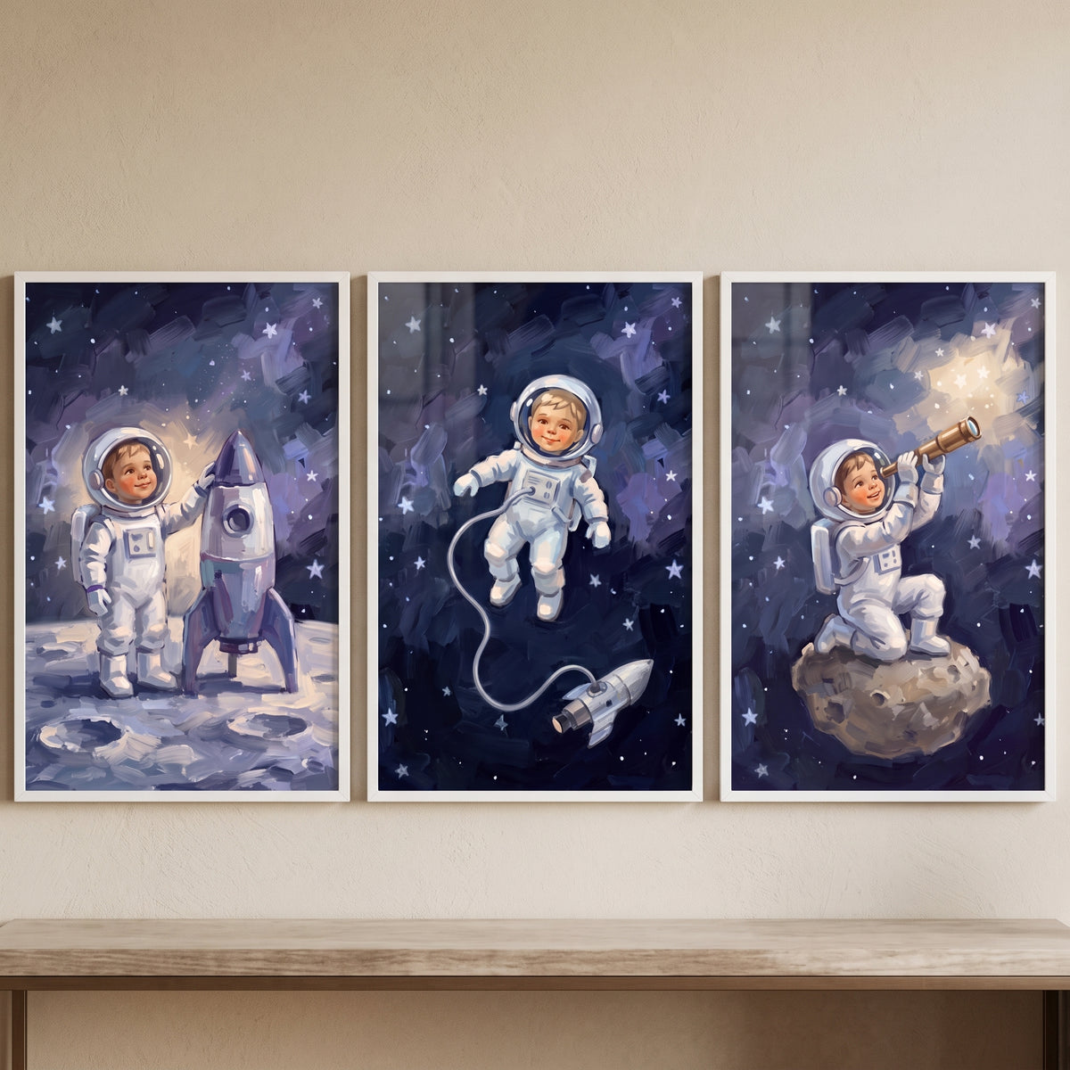 Thick brushstroke little astronaut wall art set of 3 showing a child explorer with a rocket, tether, and telescope.