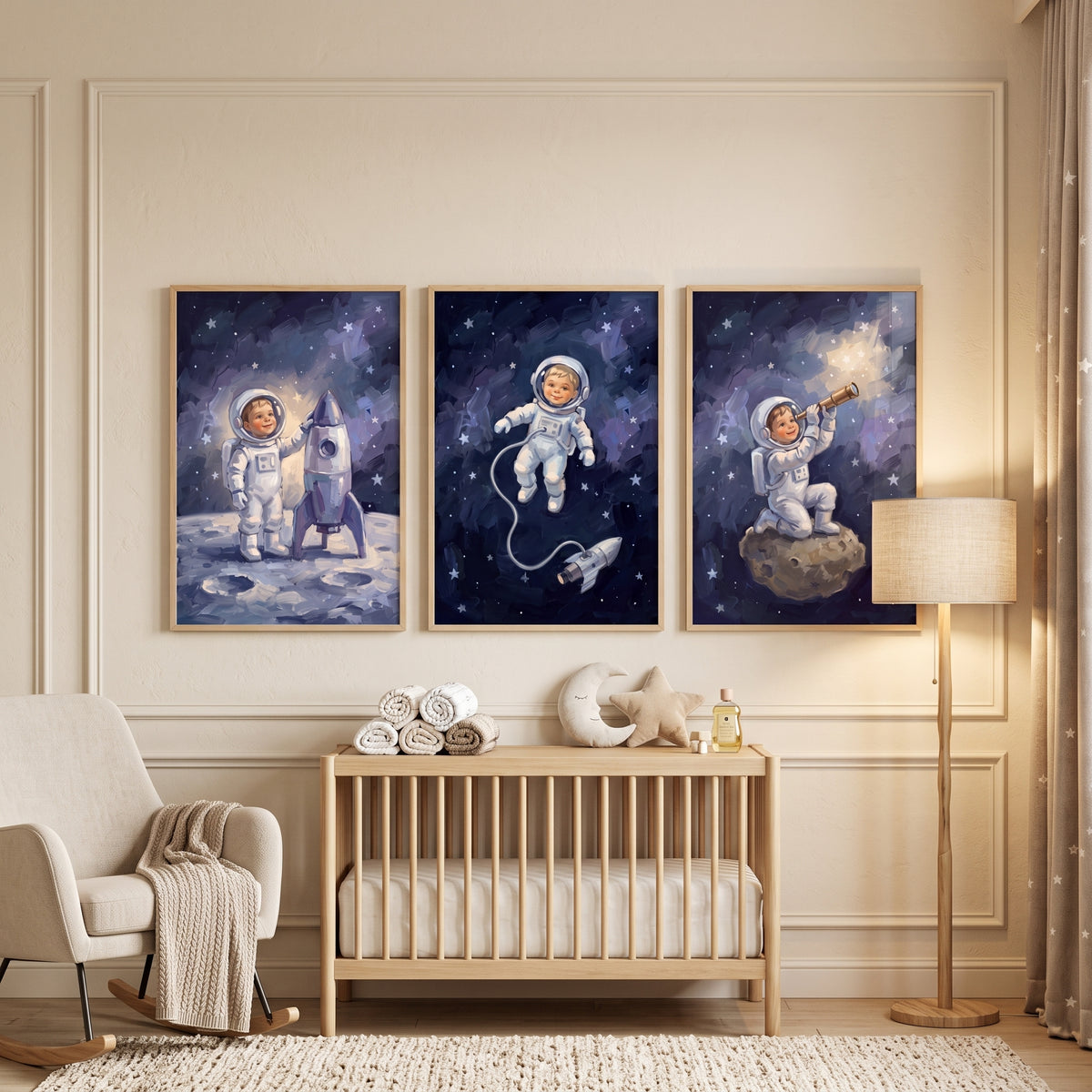 Thick Brushstroke Little Astronaut Wall Art Set of 3 - Tiny Moon Traveler