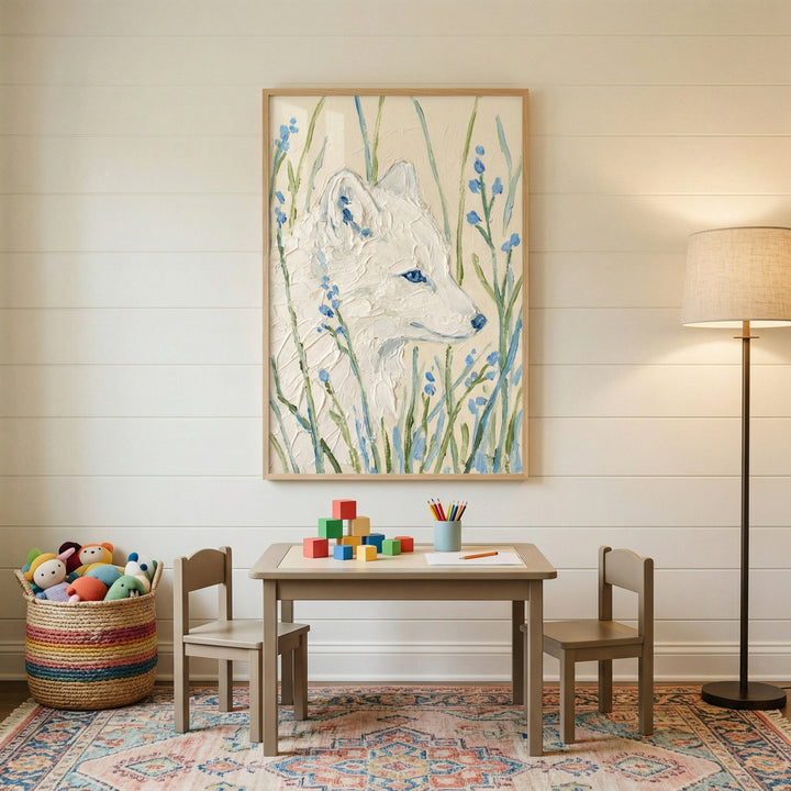 Framed painting of a white fox in profile surrounded by tall green stems and small blue flowers hangs above a child’s table with chairs and art supplies. The cozy play area with soft lighting and toys creates a calm creative space centered around the artwork.
