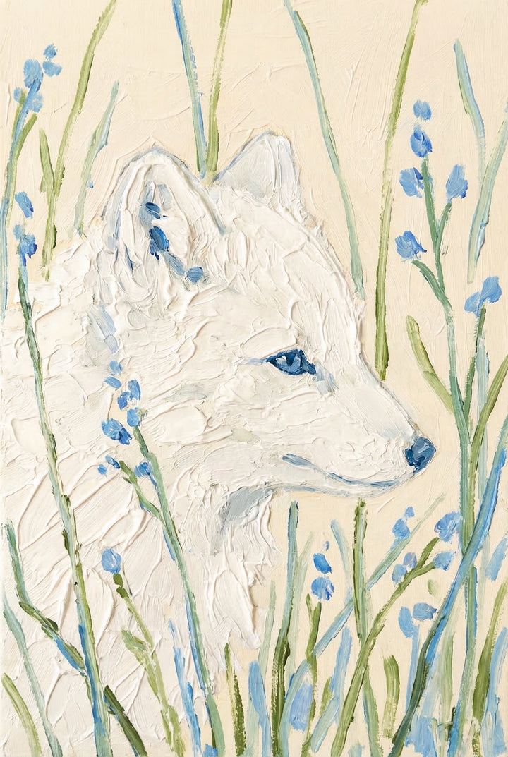 A heavily textured composition featuring a white fox in profile, facing toward the right. The animal is rendered with thick, impasto strokes that create a sculptural, three-dimensional effect on its fur. It is nestled among tall, slender green stems and clusters of small, bright blue blossoms. The fox's eye and nose are accented with a deep blue hue. Set against a soft cream background, the scene has a delicate yet expressive feel, emphasizing organic shapes and tactile surfaces.
