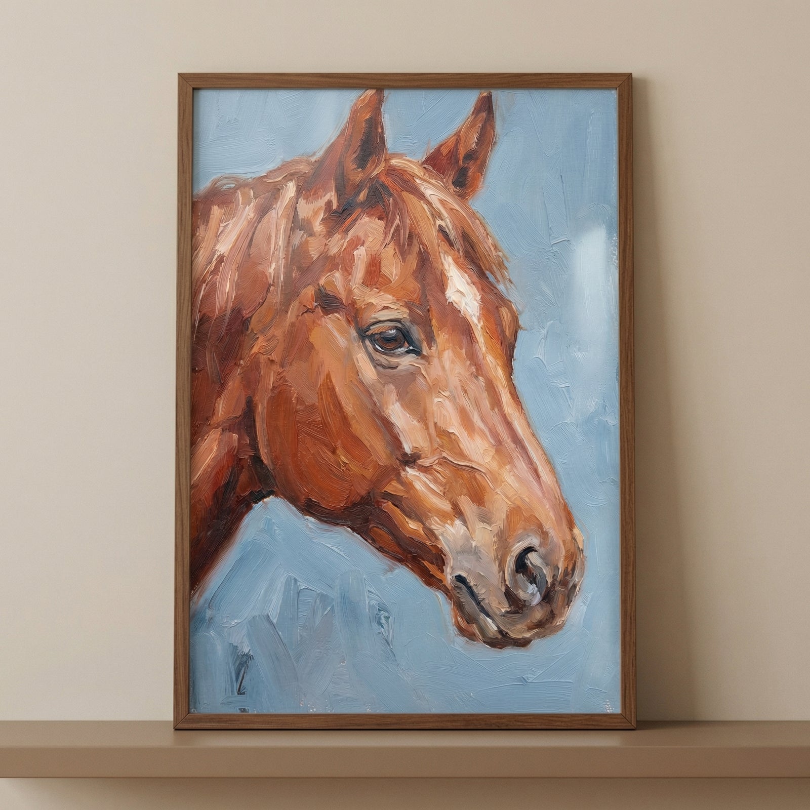 A textured visual creation showcasing a close-up of a brown horse's head against a serene light blue background. The work utilizes heavy, layered strokes to capture the animal's features and the glossy sheen of its chestnut coat. The horse's gaze is directed towards the side, highlighting its calm expression.