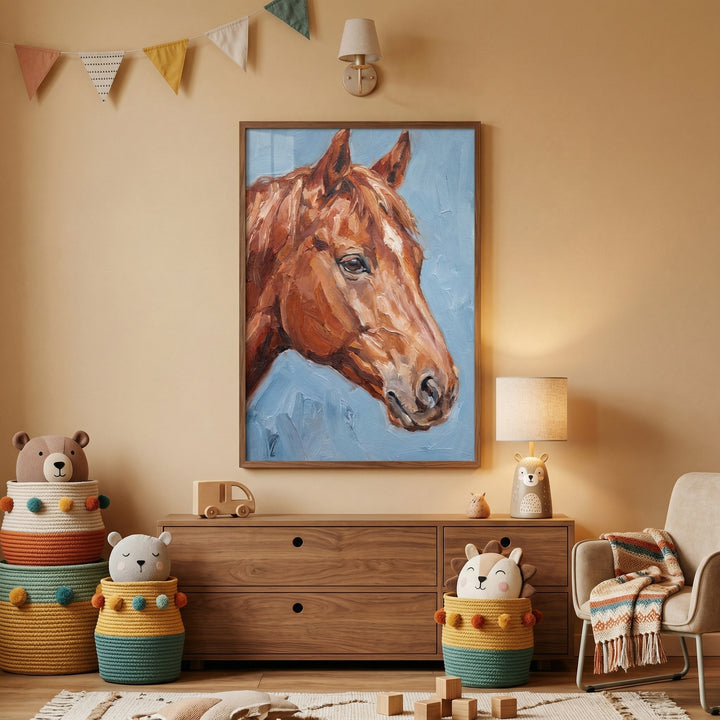 This cozy, neutral-toned child's room features a large piece of textured wall art depicting a brown horse’s head with white markings on a pale blue background. Below the artwork is a mid-century modern style wooden dresser with round knobs. 