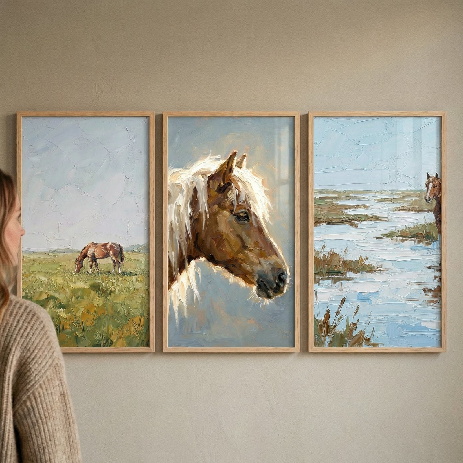 Three framed textured horse paintings displayed side by side, showing a horse grazing in a green field, a close up horse portrait with a light mane, and a horse standing in a marshy landscape. A person looks toward the artwork, suggesting a curated gallery style arrangement in a calm natural interior.