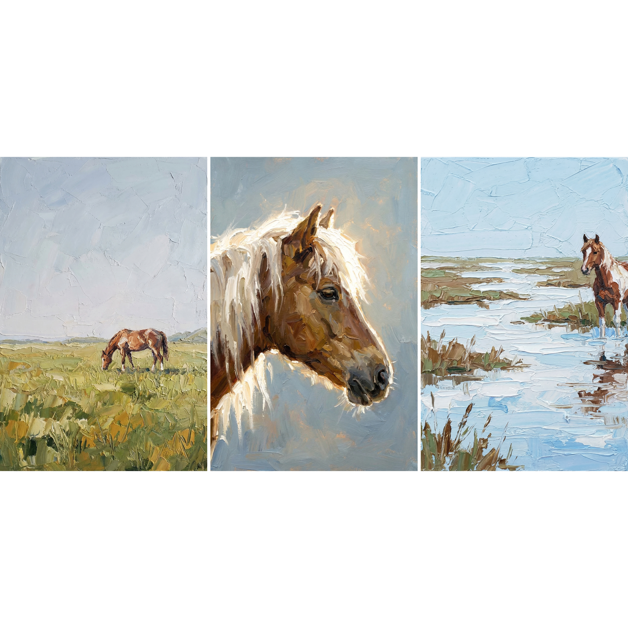 Thick Impasto Chestnut Horse Wall Art Set of 3 - Wild Horse Trio