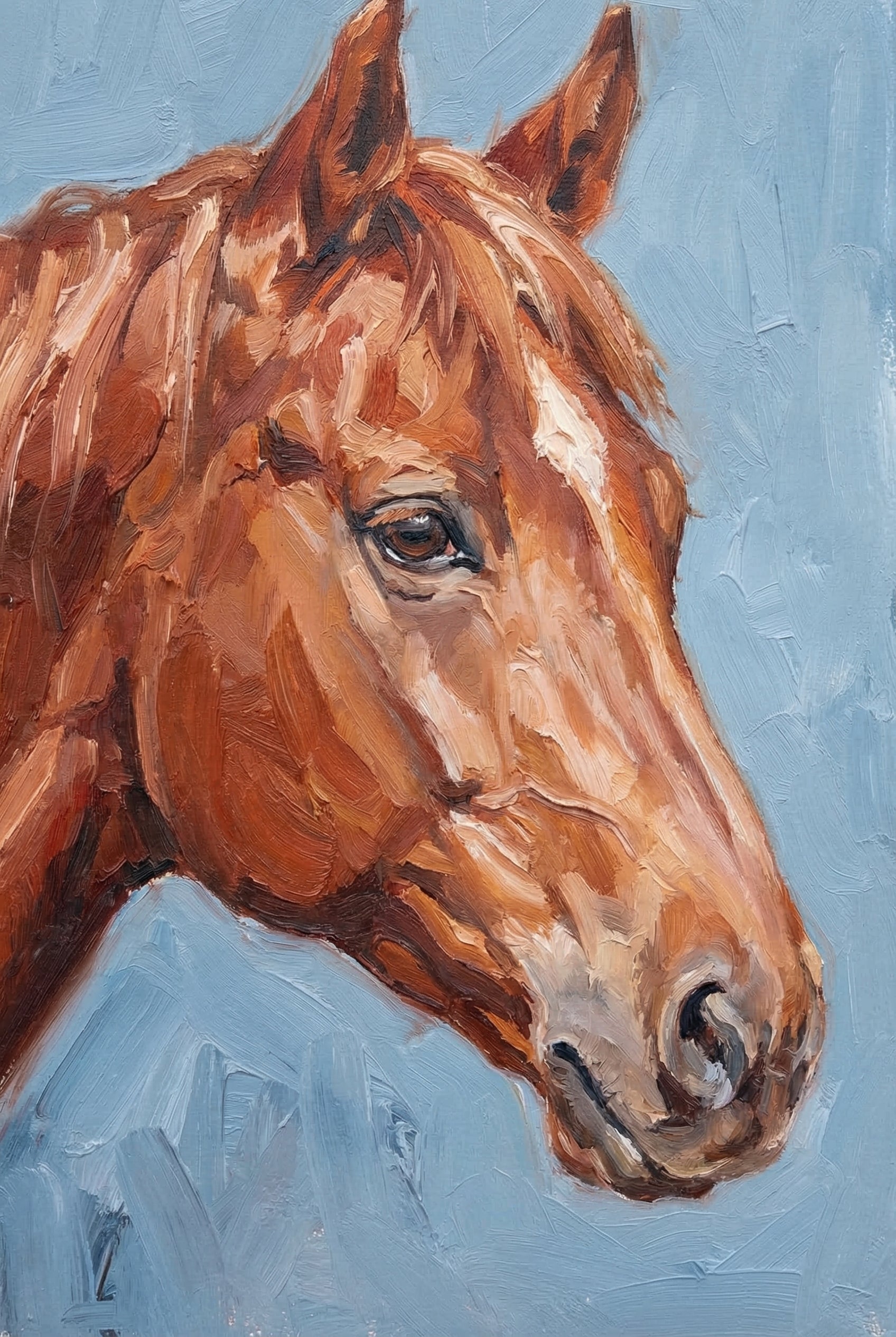 Thick Impasto Chestnut Horse Wall Art - Chestnut Stallion Gaze