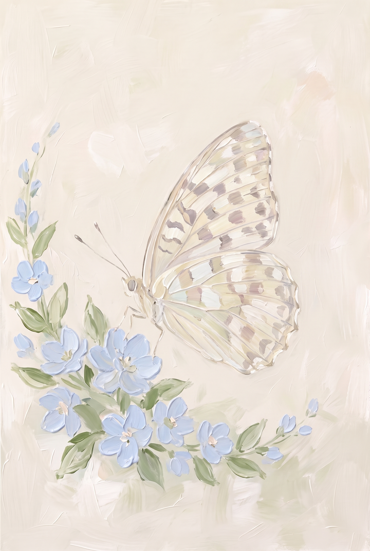 Thick impasto floral butterfly wall art featuring a pale butterfly on light blue flowers against a cream background.