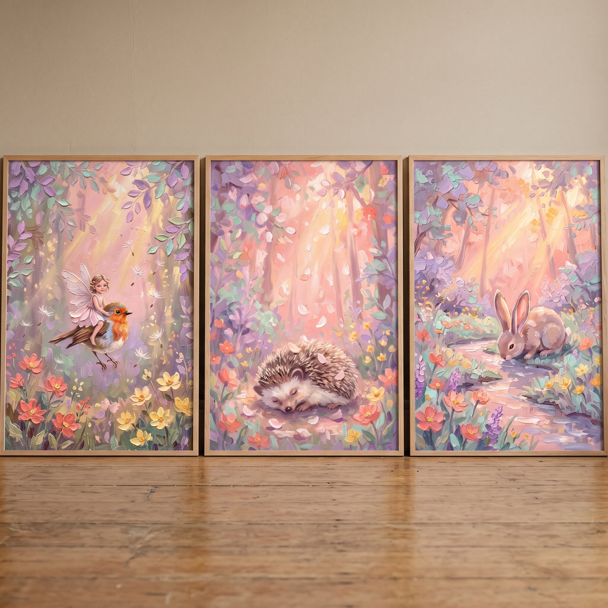Thick impasto friends woodland wall art set of 3 featuring a fairy on a bird, a sleeping hedgehog, and a rabbit by a stream.
