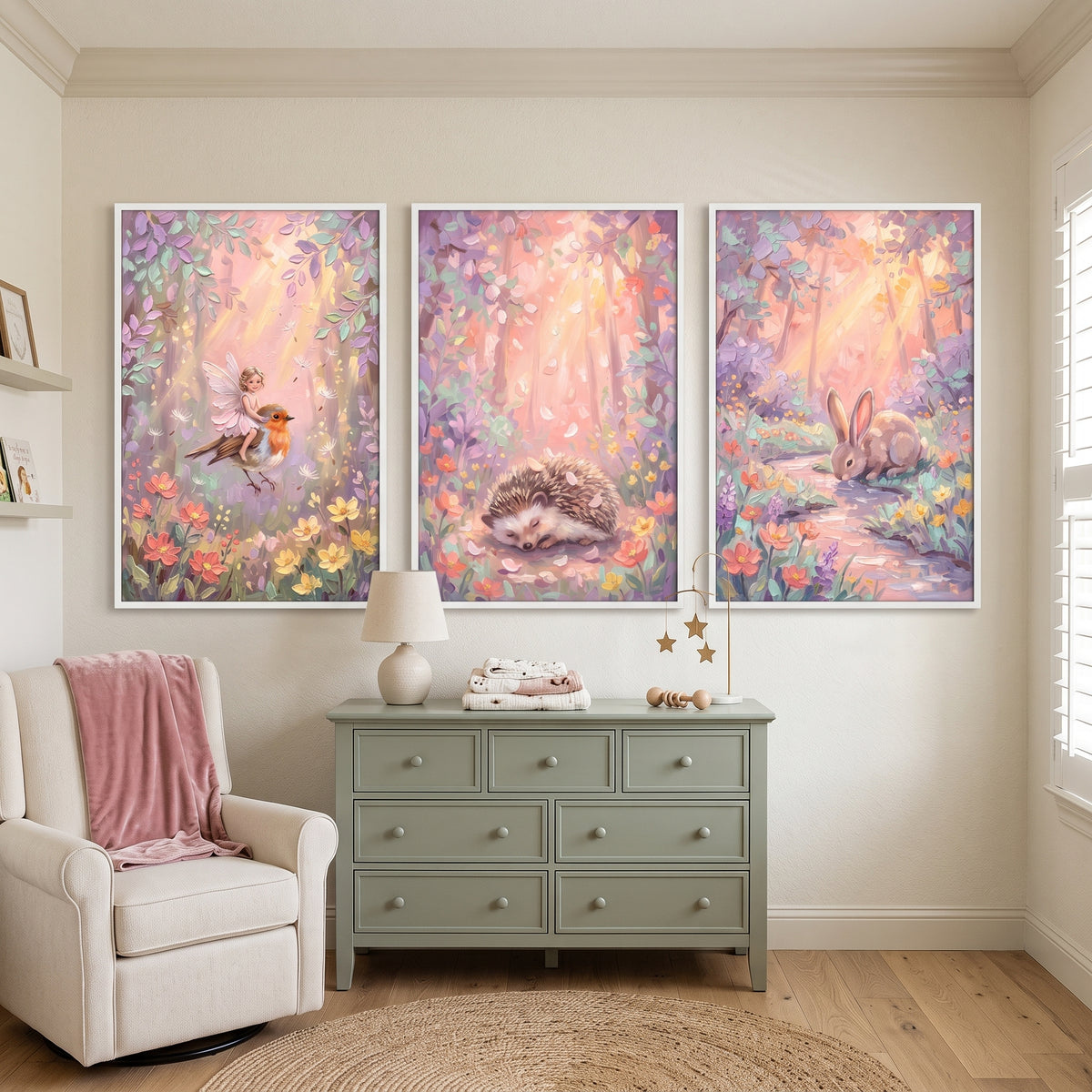 Thick Impasto Friends Woodland Wall Art Set of 3 - Magical Meadow Scenes
